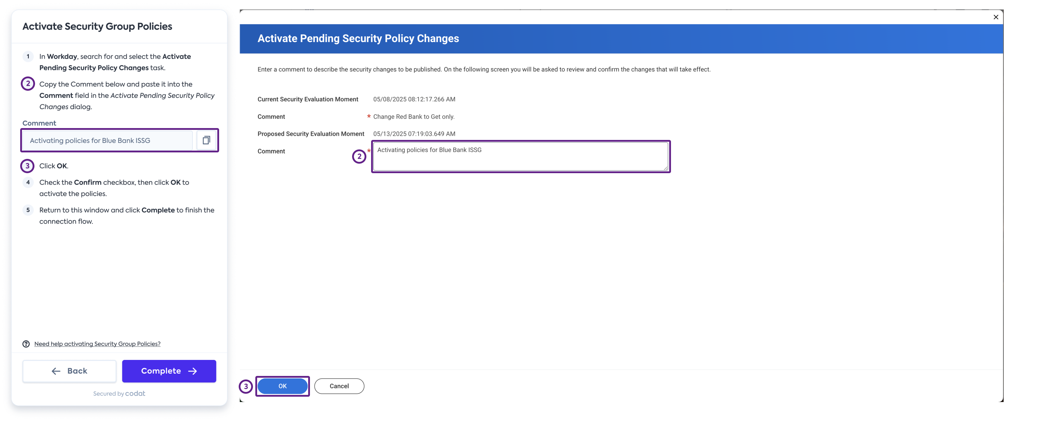 Screenshot of Workday’s interface displaying the Activate Pending Security Policies dialog with an example comment about what's being activated.
