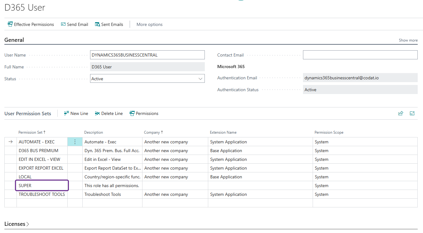 Screenshot of Business Central's user record highlighting the required "SUPER" Permission Set.