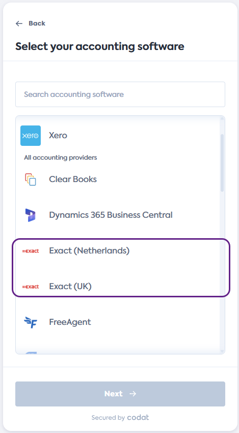 Screenshot of the Select your accounting software screen of Codat's Link Flow. It displays a list of integrations. Exact NL and Exact UK tiles have a border around them.