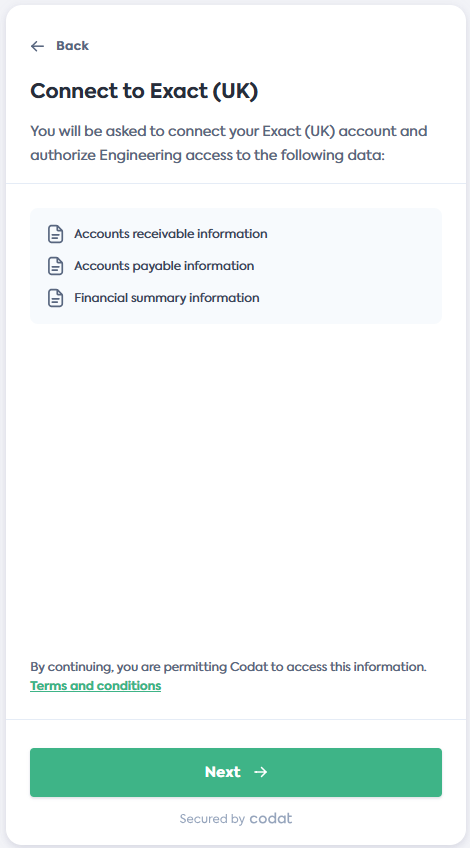 Screenshot of the Connect to Exact screen of Codat's Link Flow.