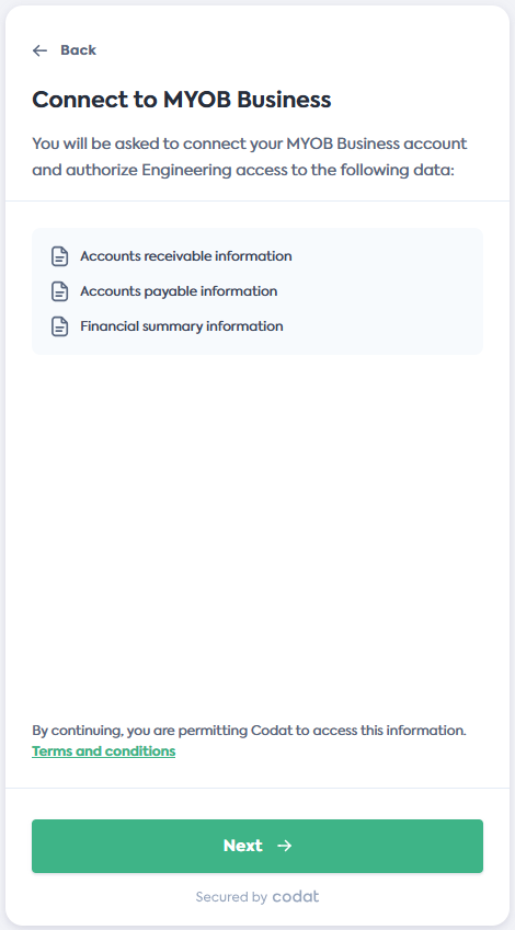 Screenshot of the Connect to MYOB Business screen of Codat's Link Flow.