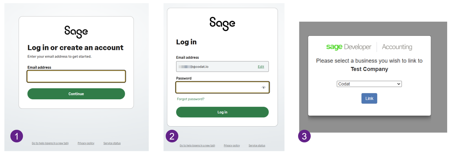 Screenshot of two screens of the Sage BC interface requesting a login and password and a screen with company selection. Images are numbered one through three from left to right.
