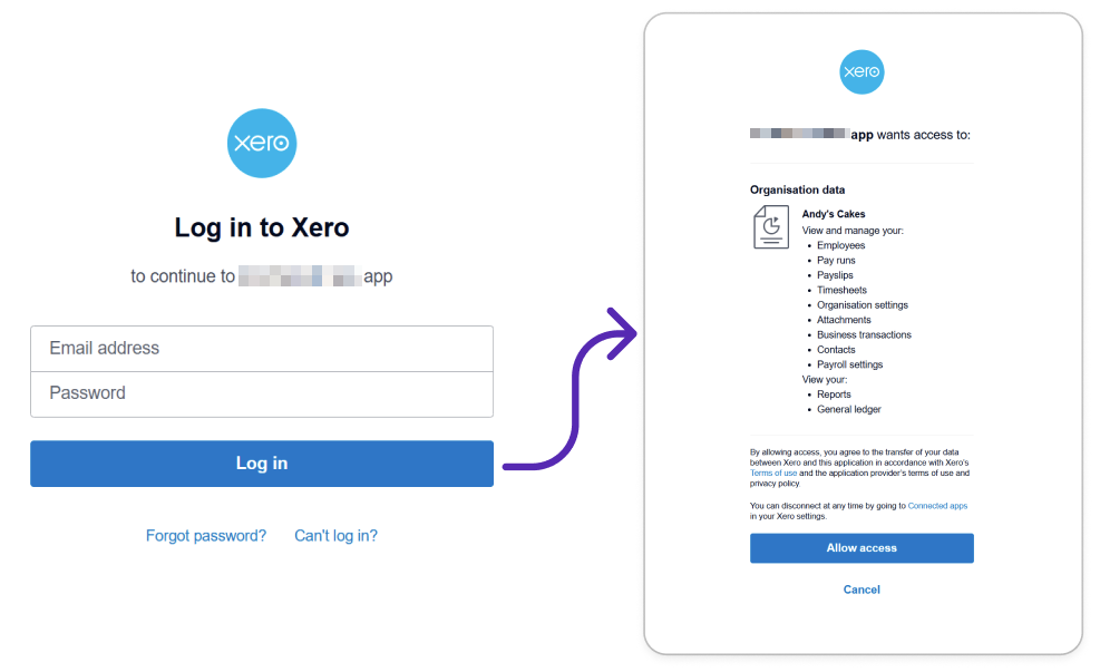 Screenshot of two screens of the Xero interface requesting a login and password and an approval to connect an app. Arrow connects the screenshots.